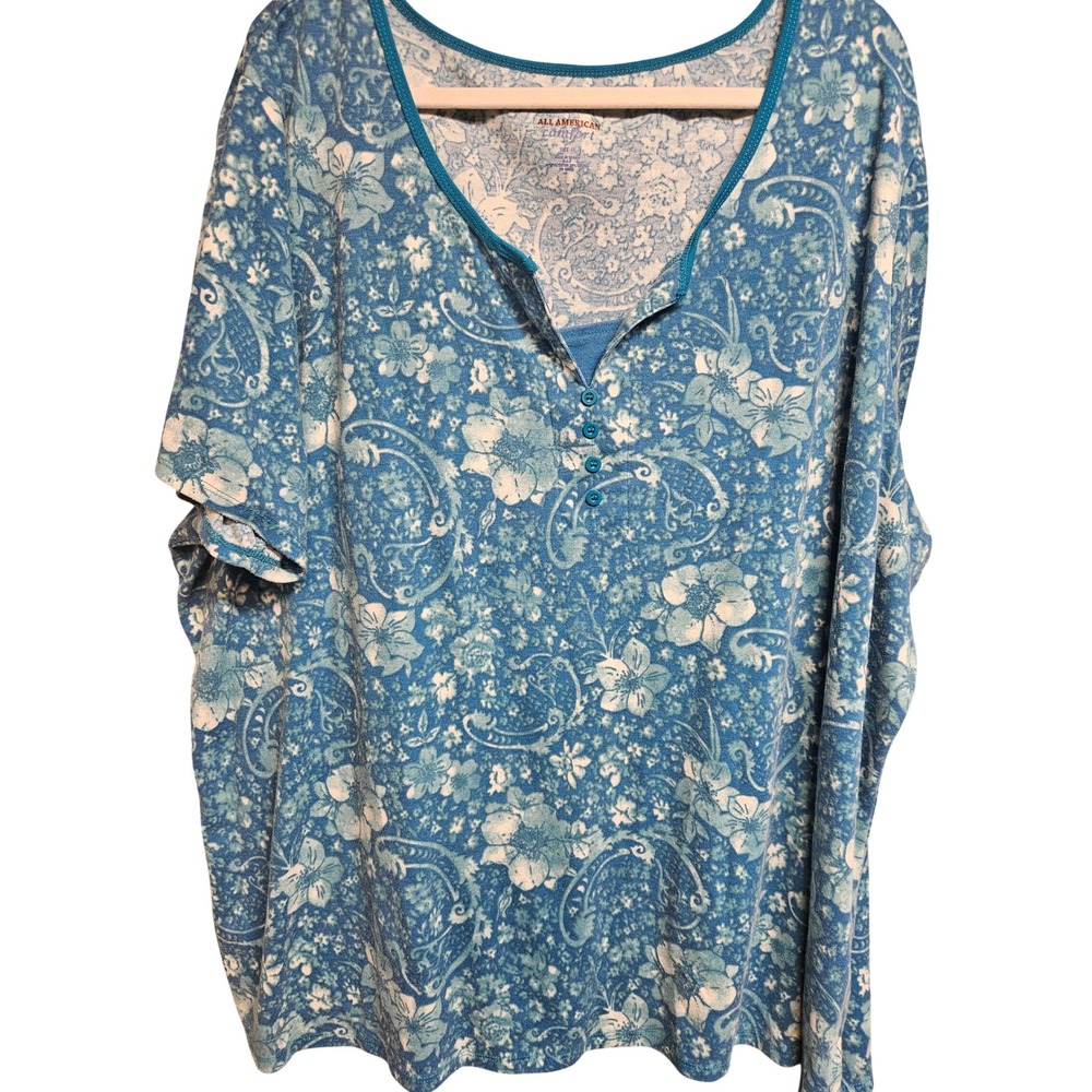 All American Comfort Blue Floral Paisley Henley Top Short Sleeve 4X 07-3457-4